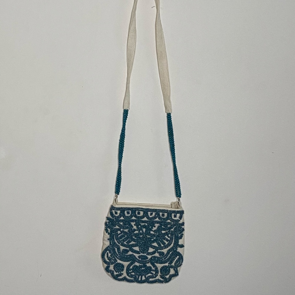 Beaded Blue Satchel Cream Purse